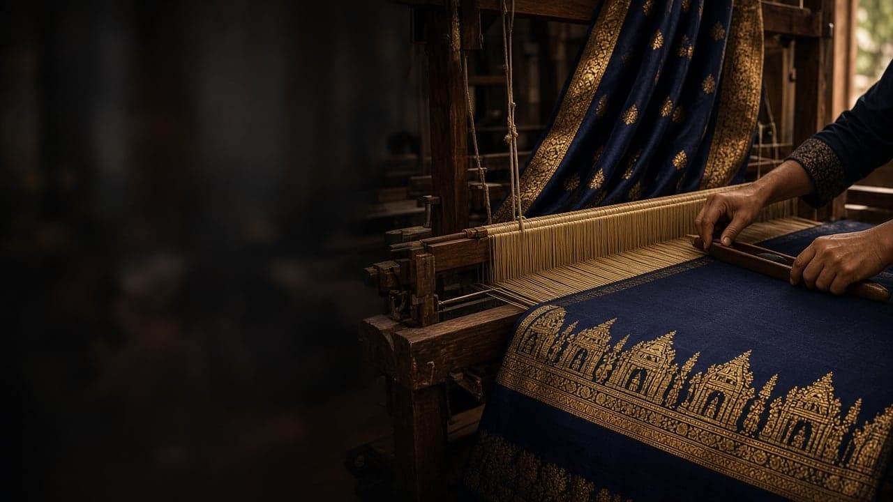 Weaver's hands at a wooden handloom weaving a navy silk saree with a gold temple border