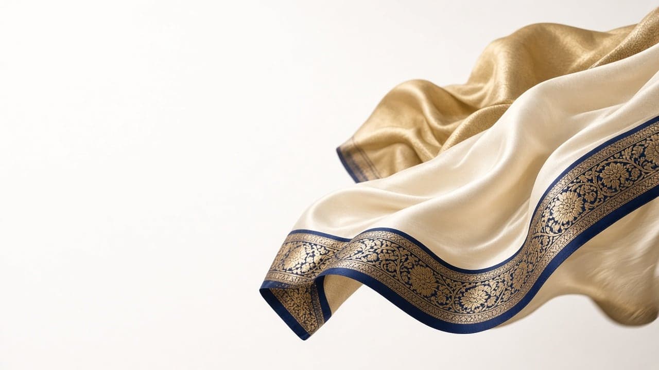 Ivory silk saree with a navy and gold zari border flowing through the air