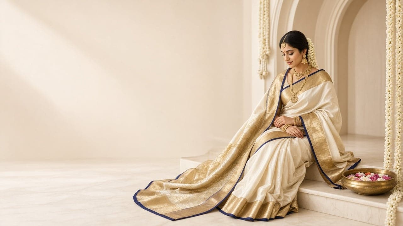 Bride seated in an ivory and gold Kanchipuram silk saree with the pallu draped across the floor