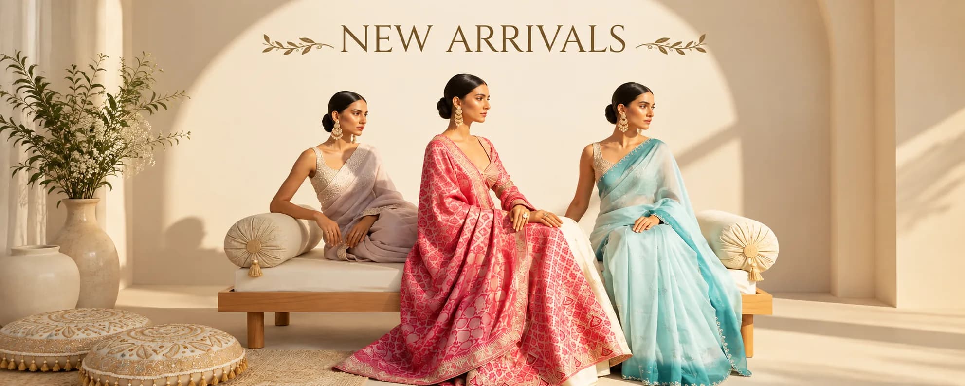 Three models in lilac, coral and aqua sarees seated in a sunlit room beneath a New Arrivals title