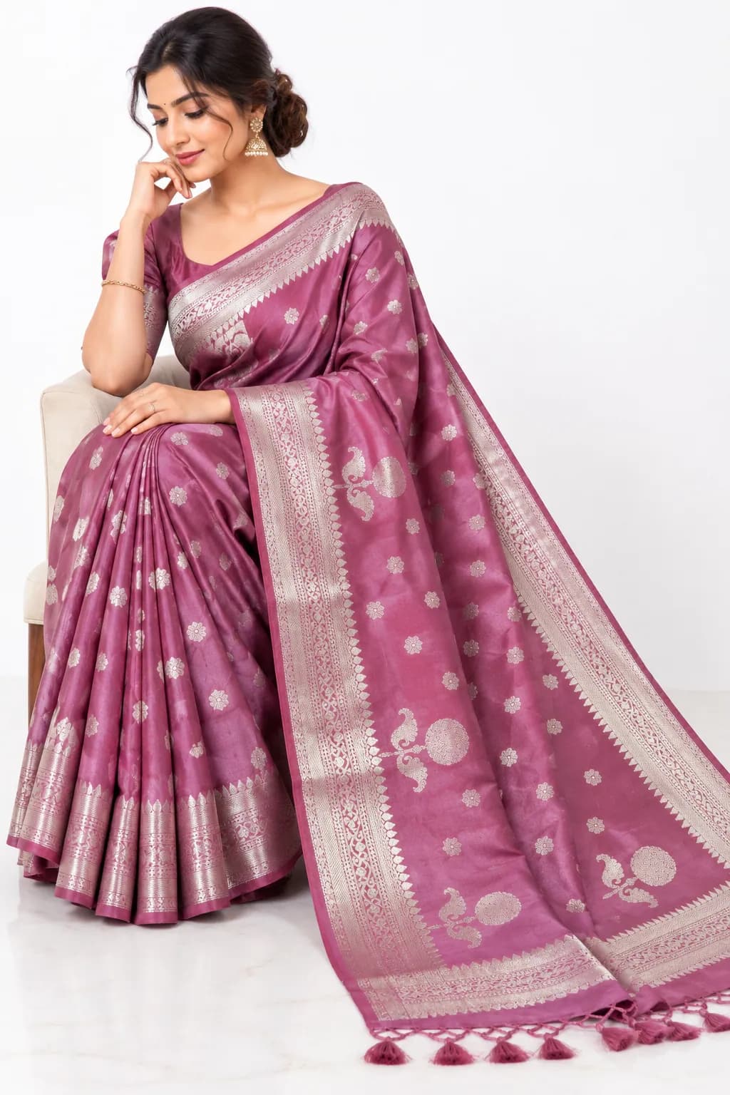 Onion Pink Fancy Pattu Saree with Zari Butis in Onion Pink saree
