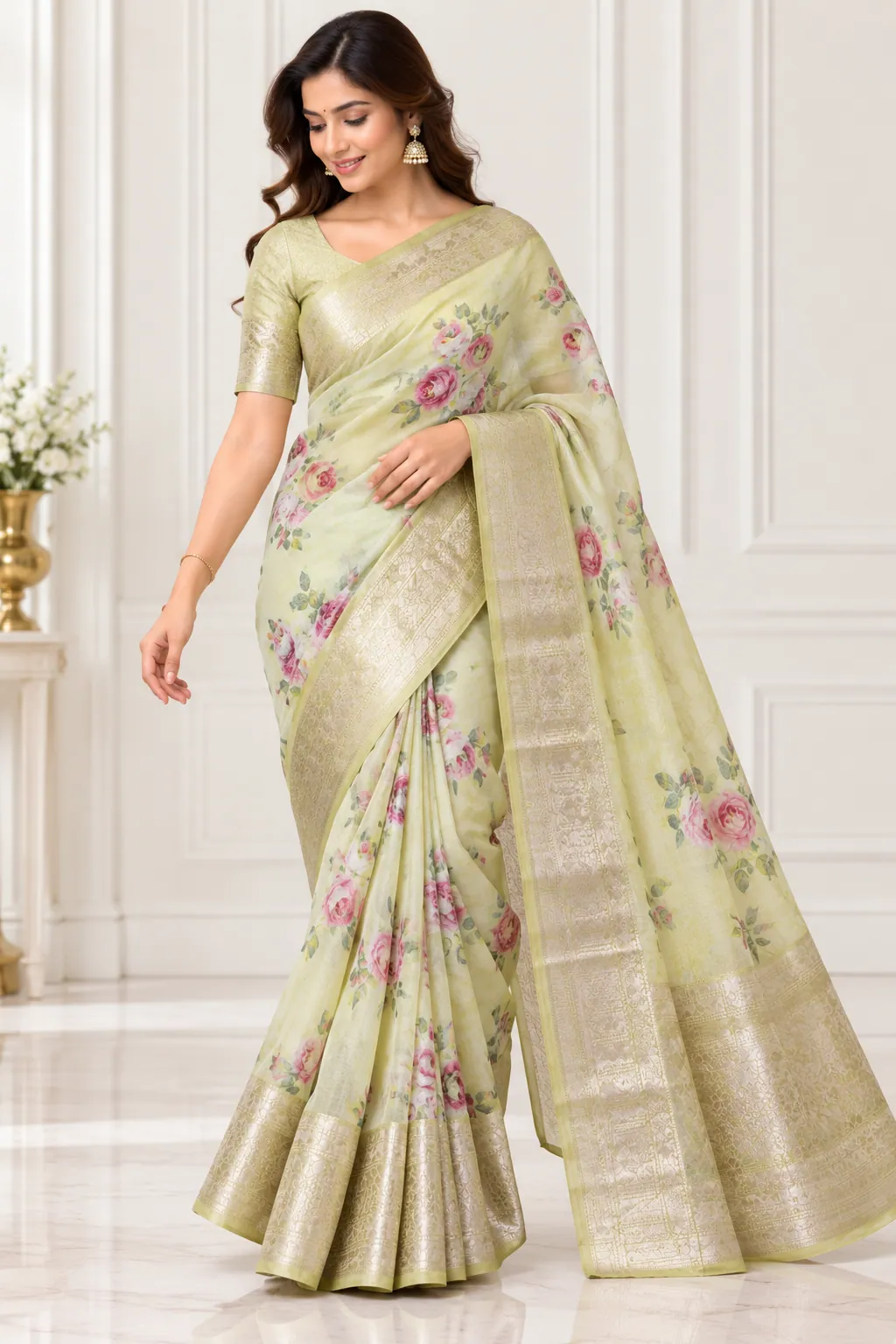 Mint Floral Pure Kora Saree with Golden Zari Border in Mint saree