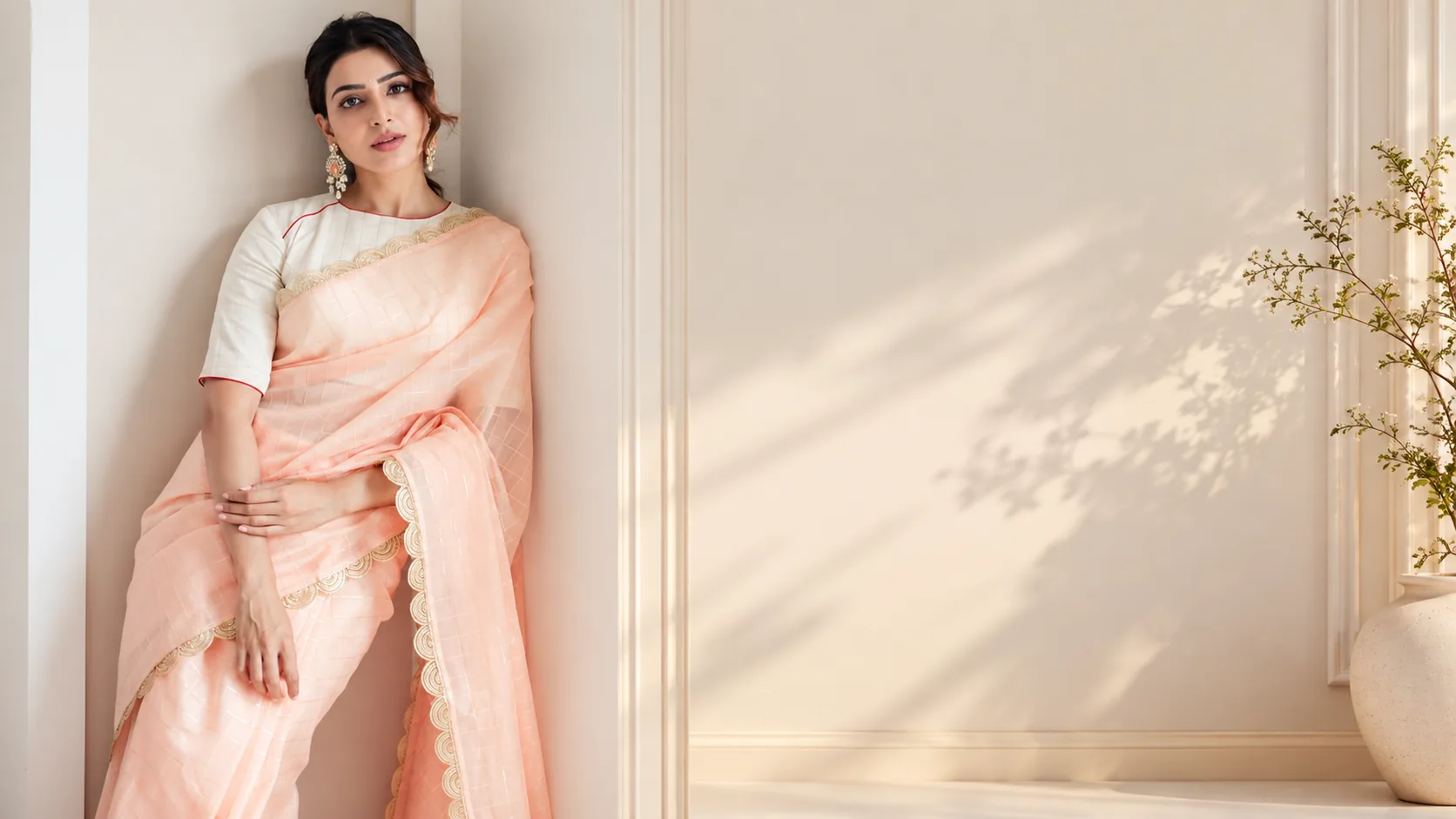 Model in a soft peach checked saree with a scalloped gold border