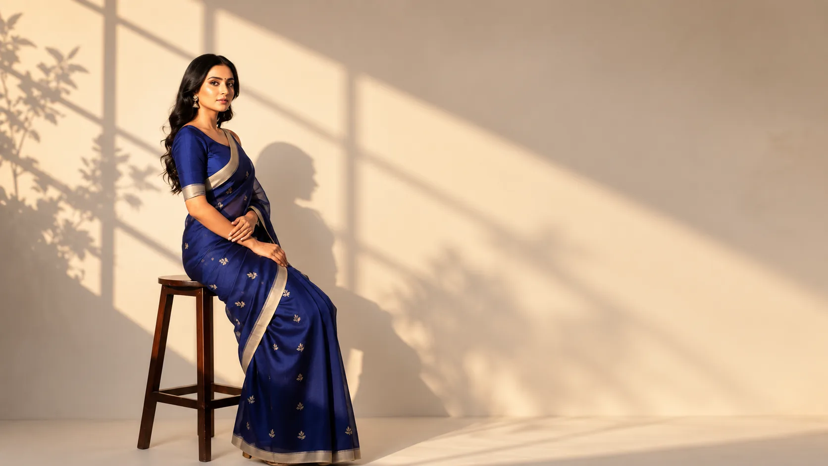 Model seated in a royal blue saree with silver motifs and border