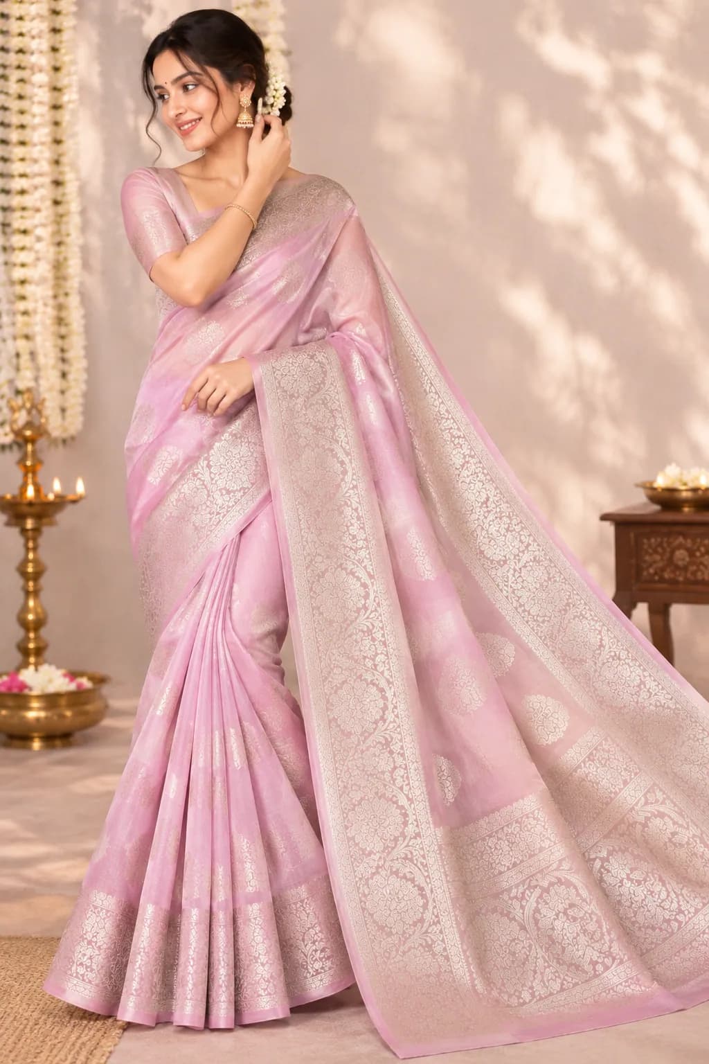 Pure Banarasi Kora Silk Saree in Light Baby Pink saree