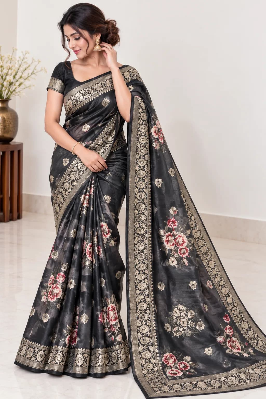 Elegant Black Floral Georgette Saree in Black saree