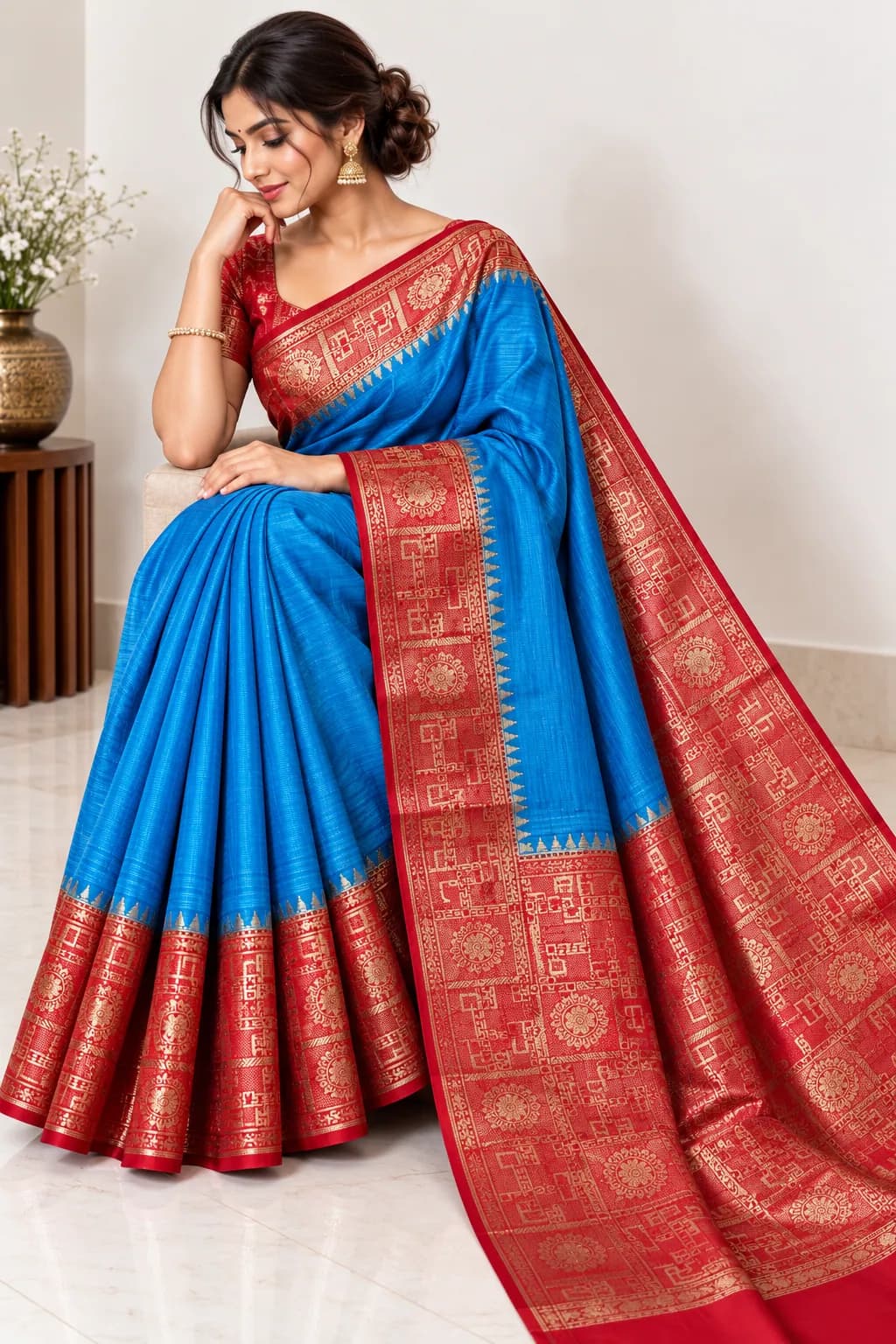 Elegant Blue and Red Traditional Silk Fancy Saree in Blue and Red saree