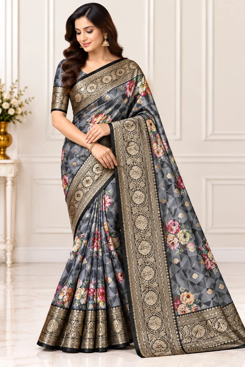 Elegant Charcoal Floral Pure Georgette Saree in Charcoal saree