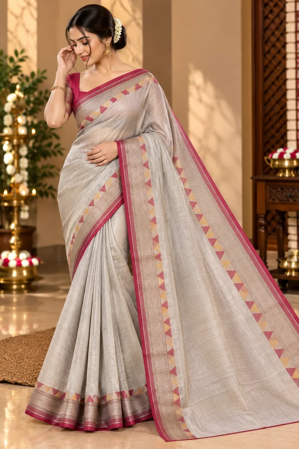 Light Grey Fancy Pattu Saree with Pink Border in Light Grey saree