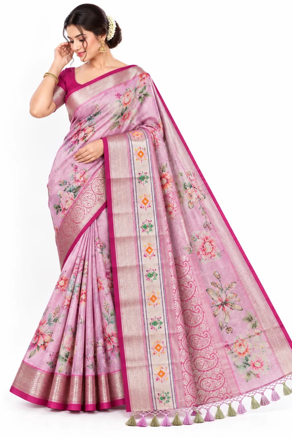 Pink Floral Fancy Pattu Saree in Pink saree