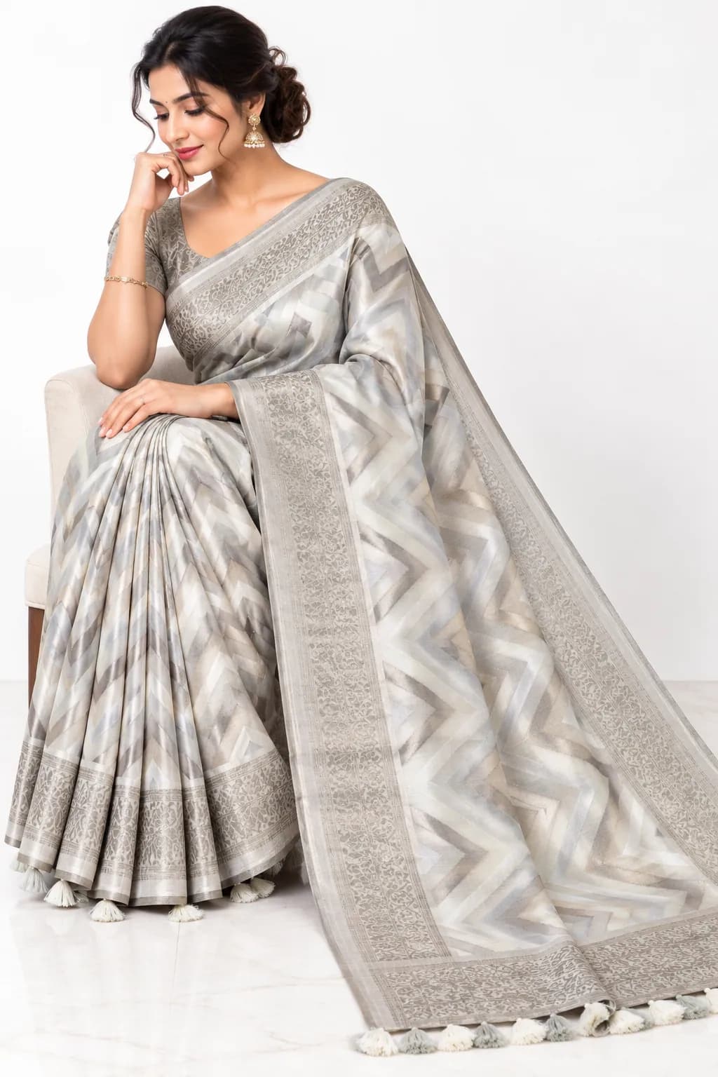 Grey Fancy Pattu Saree with Zig-Zag Weave in Grey saree
