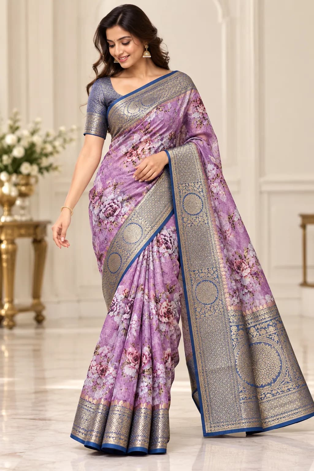 Lavender Floral Organza Saree with Brocade Borders in Lavender saree