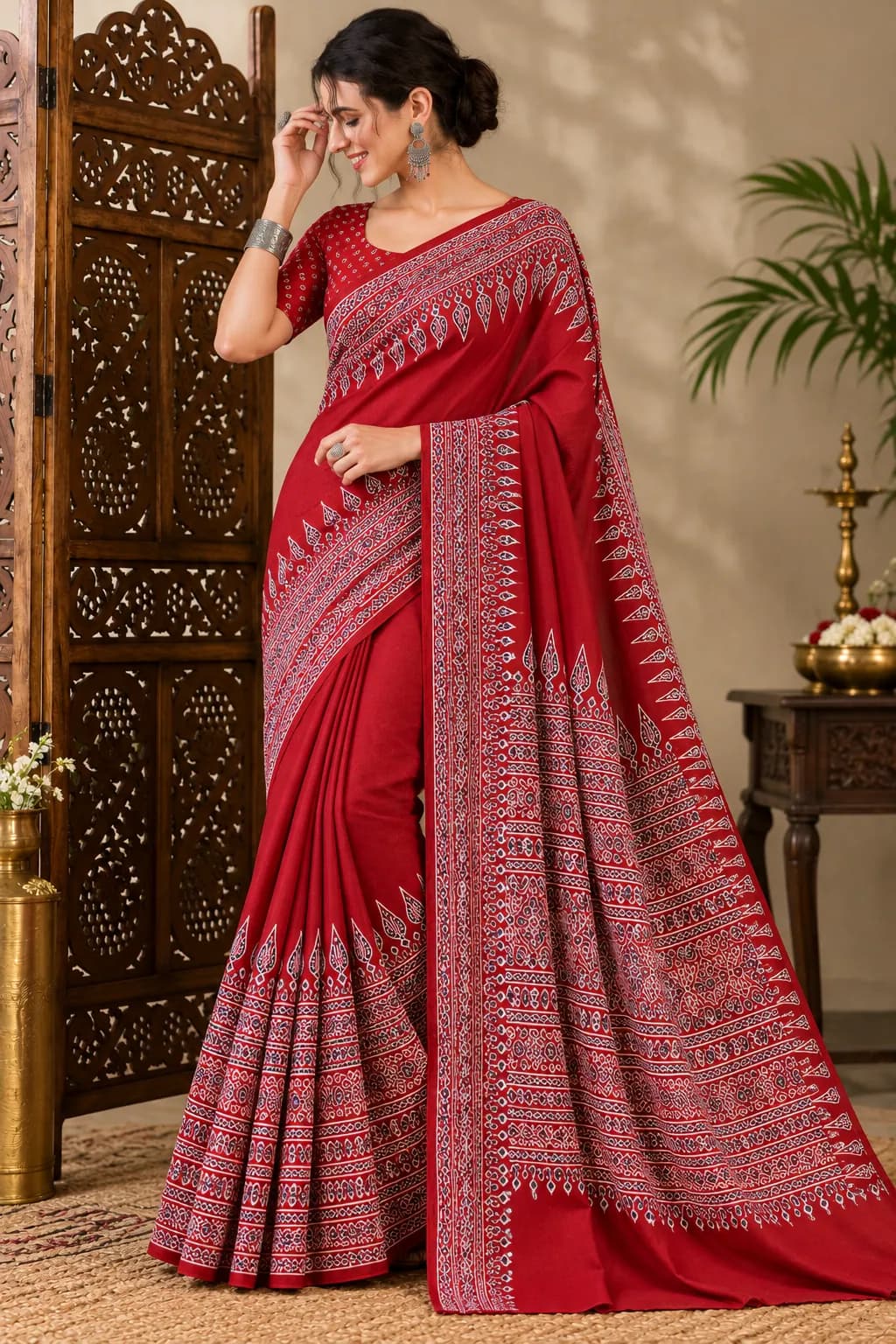 Pure Ajrakh Red Saree in Red saree