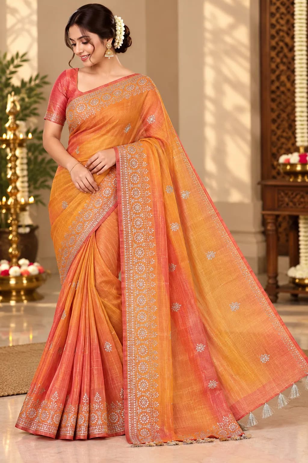 Pure Kora Fancy Dual-Shade Saree in Orange and Red with an Elegant Border in Orange and Red saree