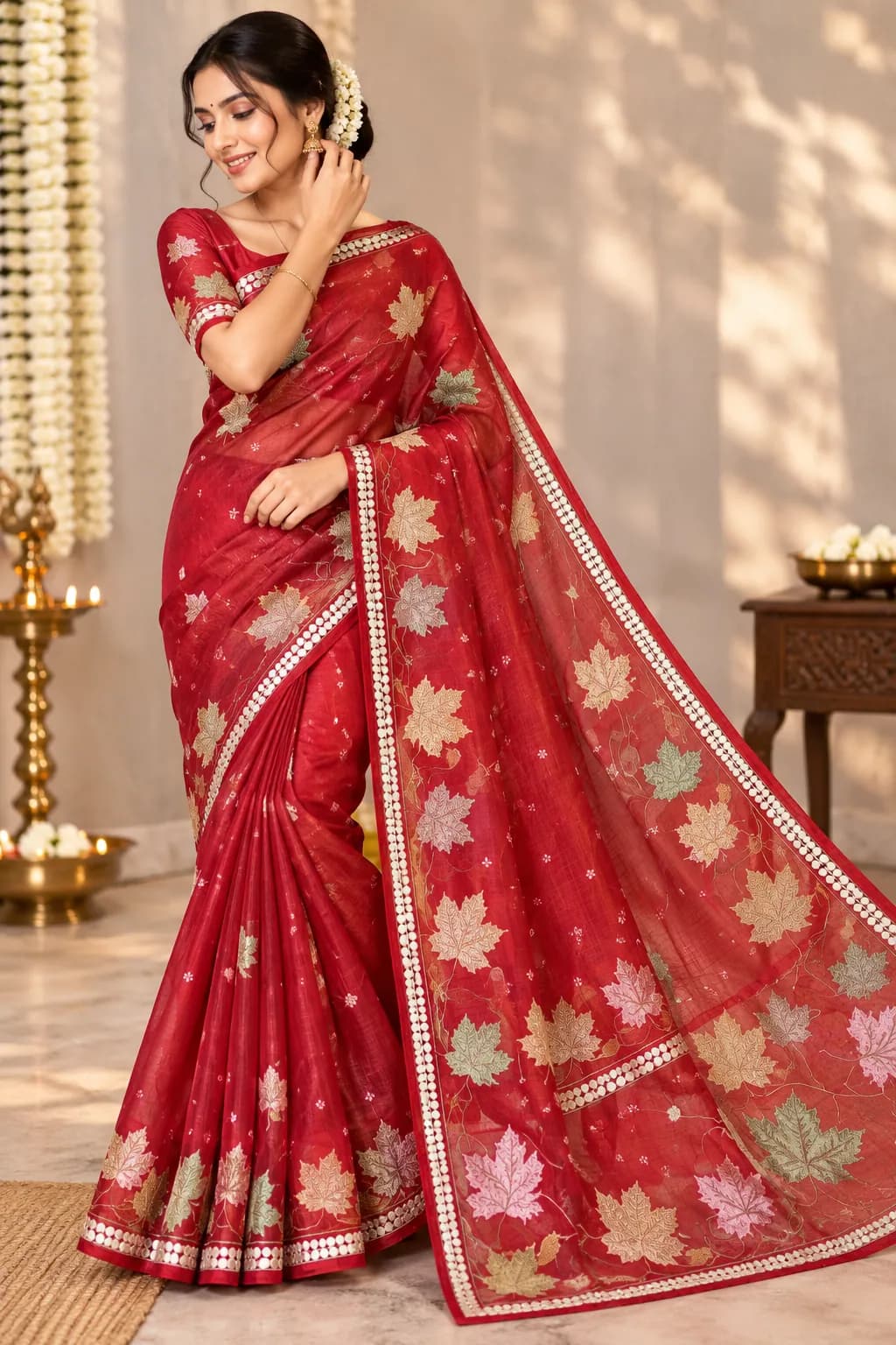 Pure Kora Red Saree with Colourful Leaf Motifs and All-Over Butis in Red saree