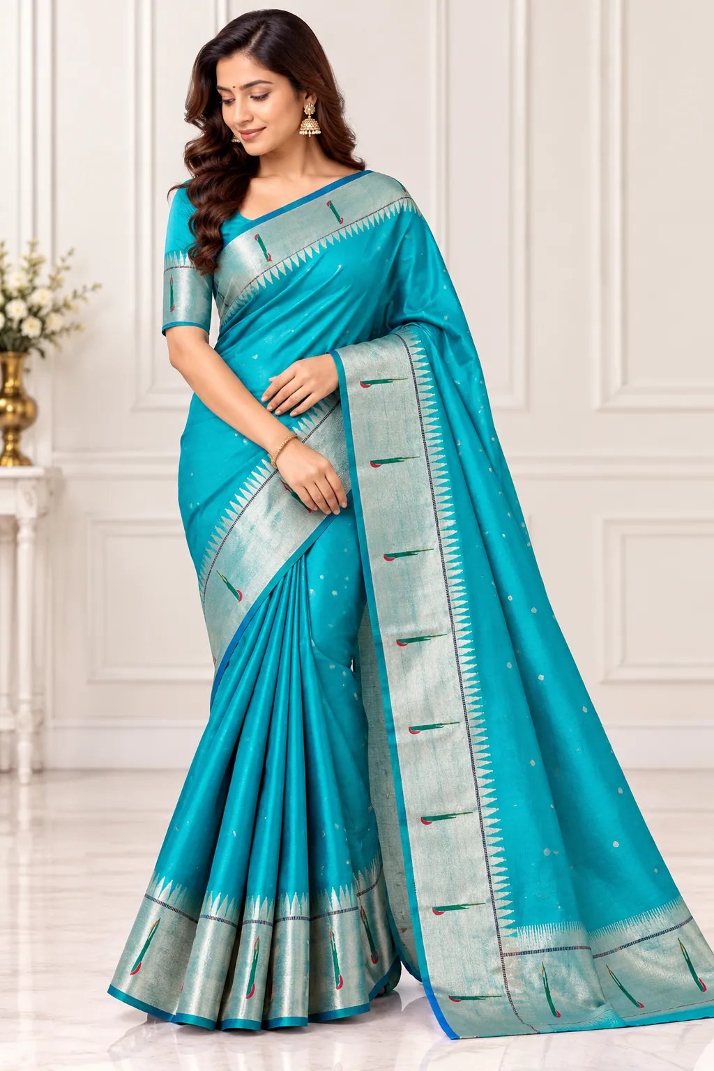 Turquoise Silk Saree with Silver Border in Turquoise saree